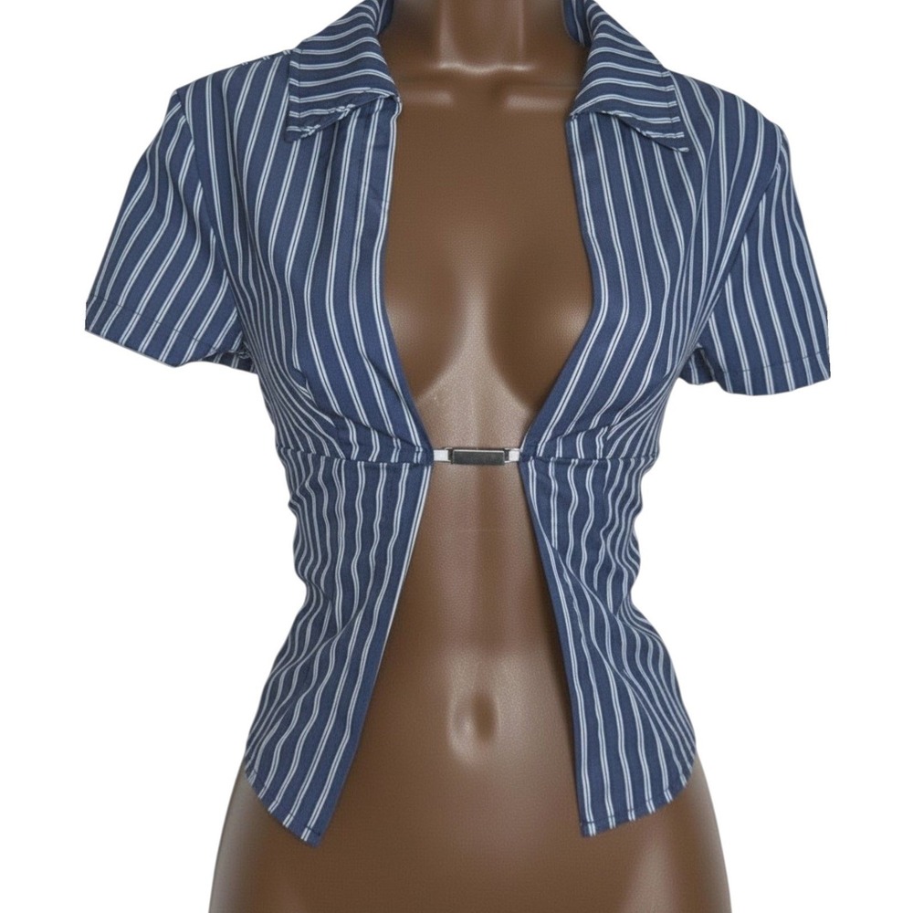 New Medium Blue Pinstripe Short Sleeve Open Front Crop Top Metal Clasp Closure